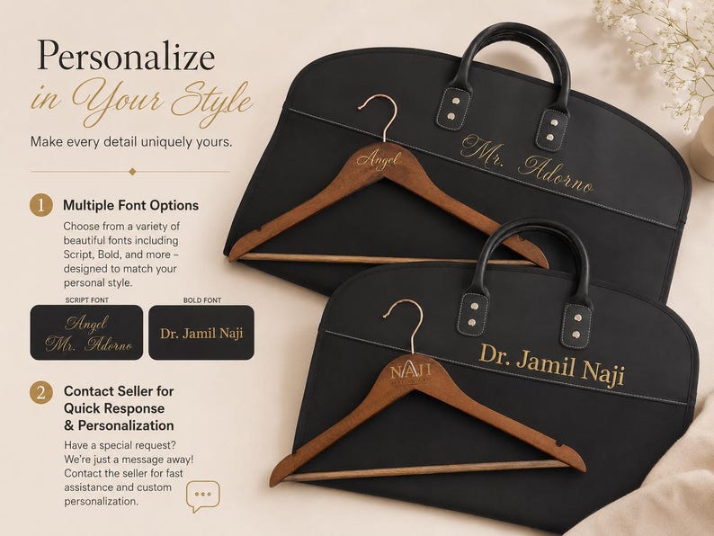 May include: Two black garment bags with handles and two wooden hangers, each personalized with gold text. The bags feature the names Mr. Adorno and Dr. Jamil Naji. The hangers are engraved with the names Angel and NAJI. Text includes Personalize in Your Style, Multiple Font Options, and Contact Seller.