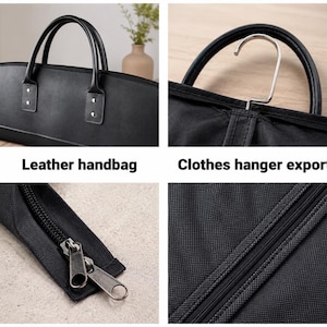 May include: A black garment bag featuring a long, horizontal design with sturdy handles, a metal clothes hanger hook, and a durable fabric exterior. The bag includes a secure zipper closure with two metal pulls and a textured, woven surface finish.