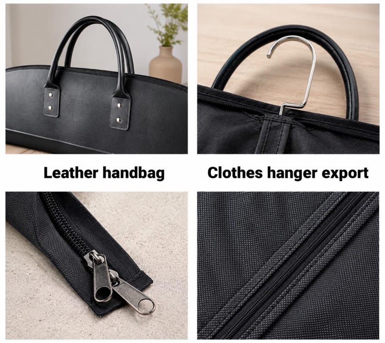 May include: A black garment bag featuring a long, horizontal design with sturdy handles, a metal clothes hanger hook, and a durable fabric exterior. The bag includes a secure zipper closure with two metal pulls and a textured, woven surface finish.