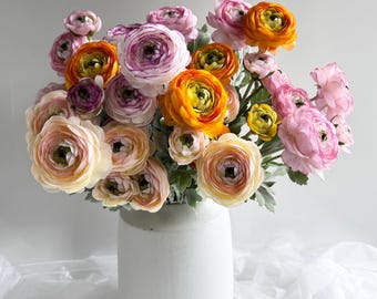 Tallo de flor de ranúnculo, flores artificiales de seda, tallos florales de primavera, morado, rosa, naranja