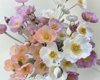 Tige de pavot en imitation soie : fleurs artificielles crème, pêche, rose 60 cm