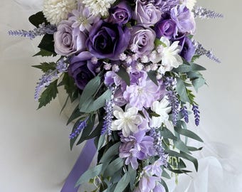 Purple Lavender Lilac Cascading Wedding Bouquet: Faux Silk Eucalyptus Teardrop Flowers