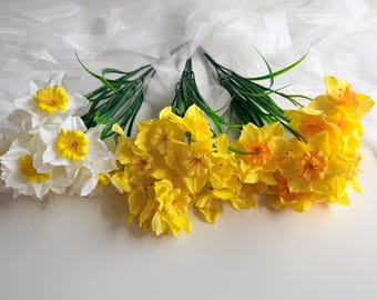 Artificial Daffodil Bush: Yellow Orange & White Faux Silk Flowers