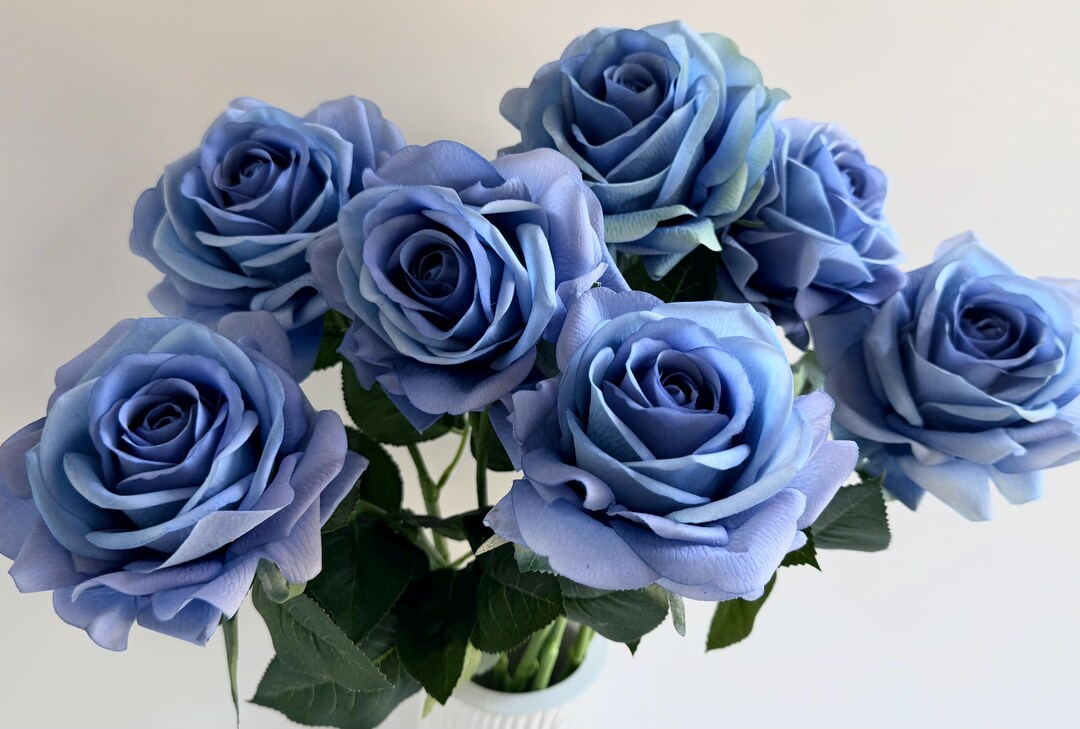 Plastic Blue Roses Real Touch Blue Rose Stem Latex Roses Pale Navy Blues Artificial Flower ...