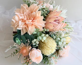 Ramo de novia Protea Banksia Eucalipto Dahlia Ramos de novia nativos Flores artificiales color melocotón rosa crema