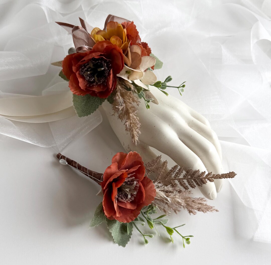Wedding Wrist Corsage Buttonhole Rustic Bunt Orange Rust Brown Mustard ...
