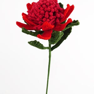 May include: A handmade, red crochet flower with green leaves and stem. The flower's central bloom is a textured, spherical shape, surrounded by vibrant red petals. The green leaves are detailed, and the stem is long and slender.