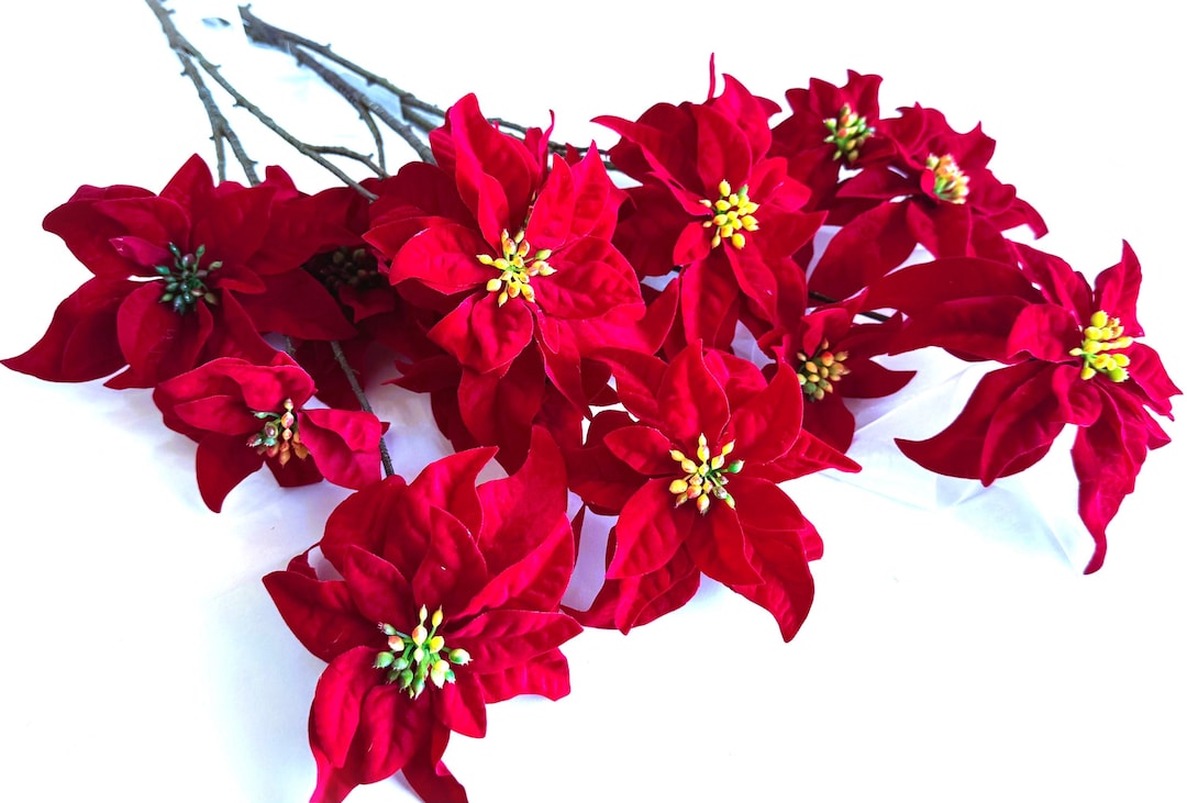 Christmas Poinsettia Flower Stem Red Velvet Flowers Spray Artificial ...
