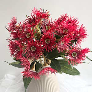 May include: A bouquet of bright red flowers with spiky petals and green centres, displayed in a cream-coloured vase. The flowers are complemented by green leaves, creating a striking contrast. The vase has a ribbed texture.