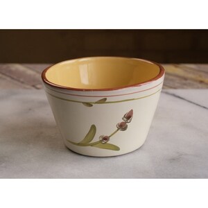 CRATE & BARREL Pottery Bowl Plant Pot Hand Painted Beige Flowers 3” Tall 5” Wide