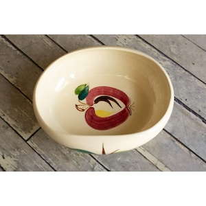 May include: A white ceramic bowl with a red apple design. The apple is painted in shades of red, yellow, and brown, with green leaves.