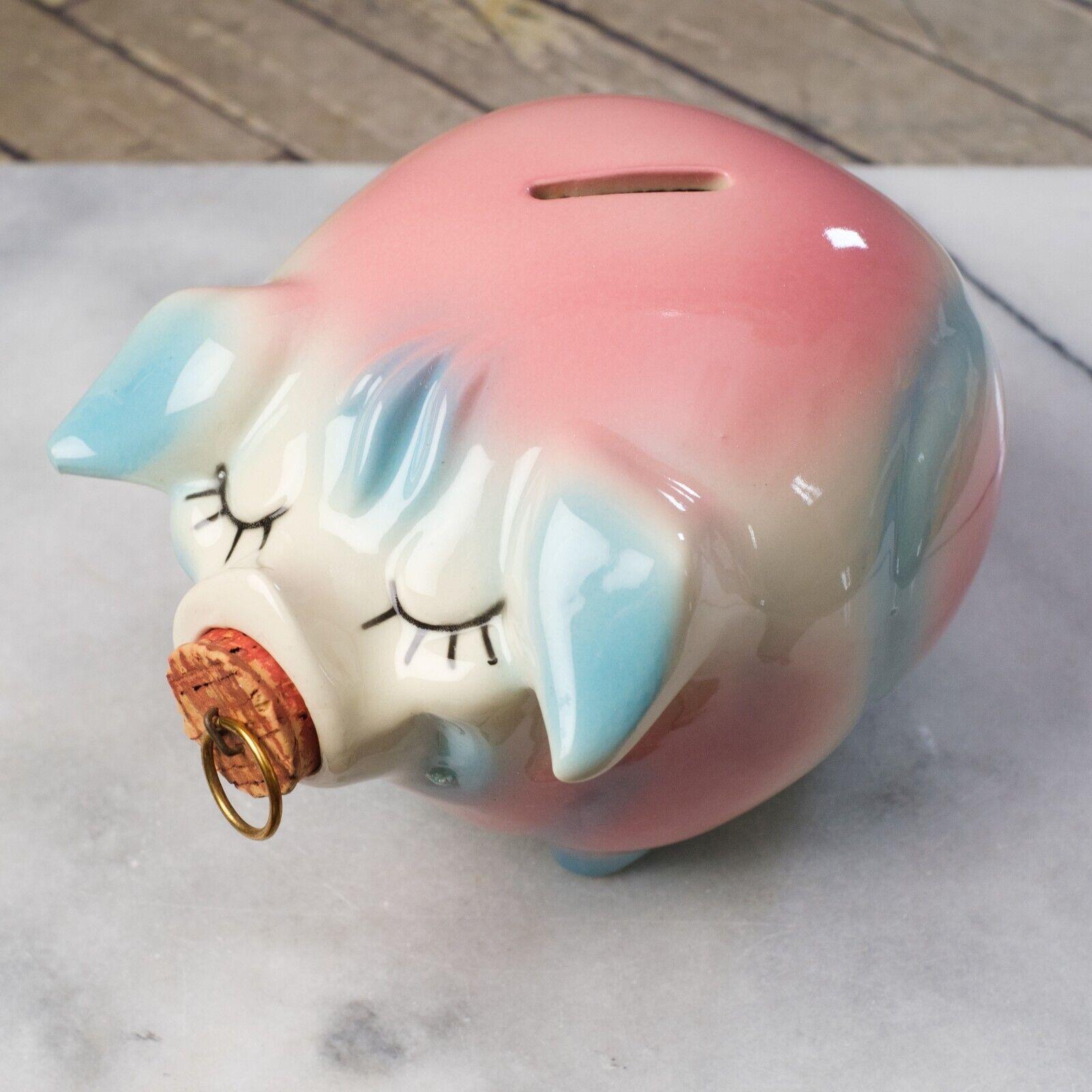 山本造船　CLASSIC PIG HULL POTTERY Corky Pig Ceramic Piggy Bank 1957 Pink Blue With Cork