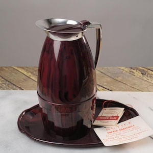 THERMOS 1542 Insulated Carafe Pitcher Chrome Brown Woodgrain with Tray & Inserts