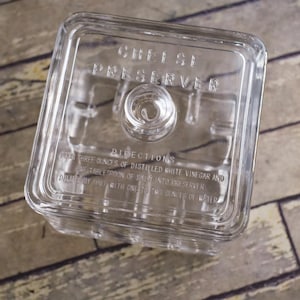 Pu&ograve; includere: Un contenitore per formaggio quadrato in vetro trasparente con coperchio. Il coperchio ha una piccola maniglia circolare. Il testo sul coperchio recita "CHEESE PRESERVER" e "DIRECTIONS".