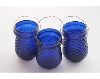 Antique Victorian Christmas Tree Fairy Light Lamp Cobalt Blue Diamond-Set of 3