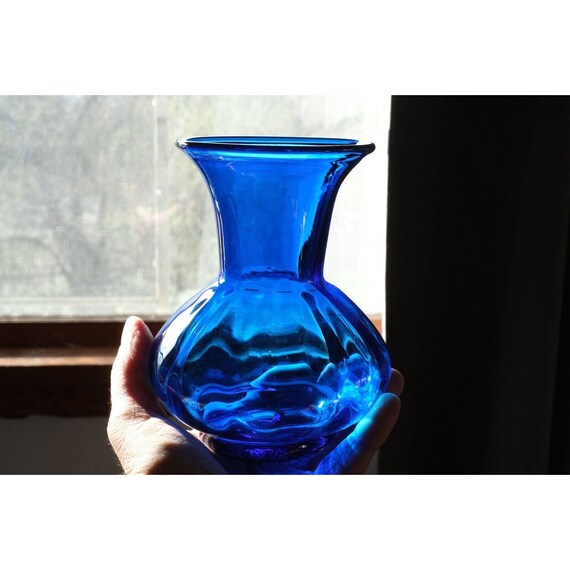 BLENKO Glass Vase #706 Brilliant Blue Optic Art Glass Vintage 6.5