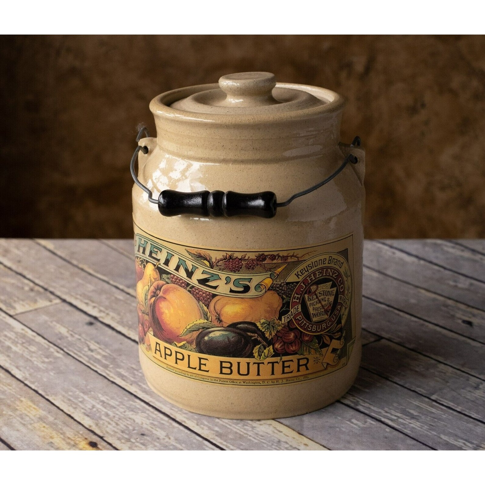 Heinz's Commemorative Apple Butter Stoneware Crock Pot Wood Handle 1992