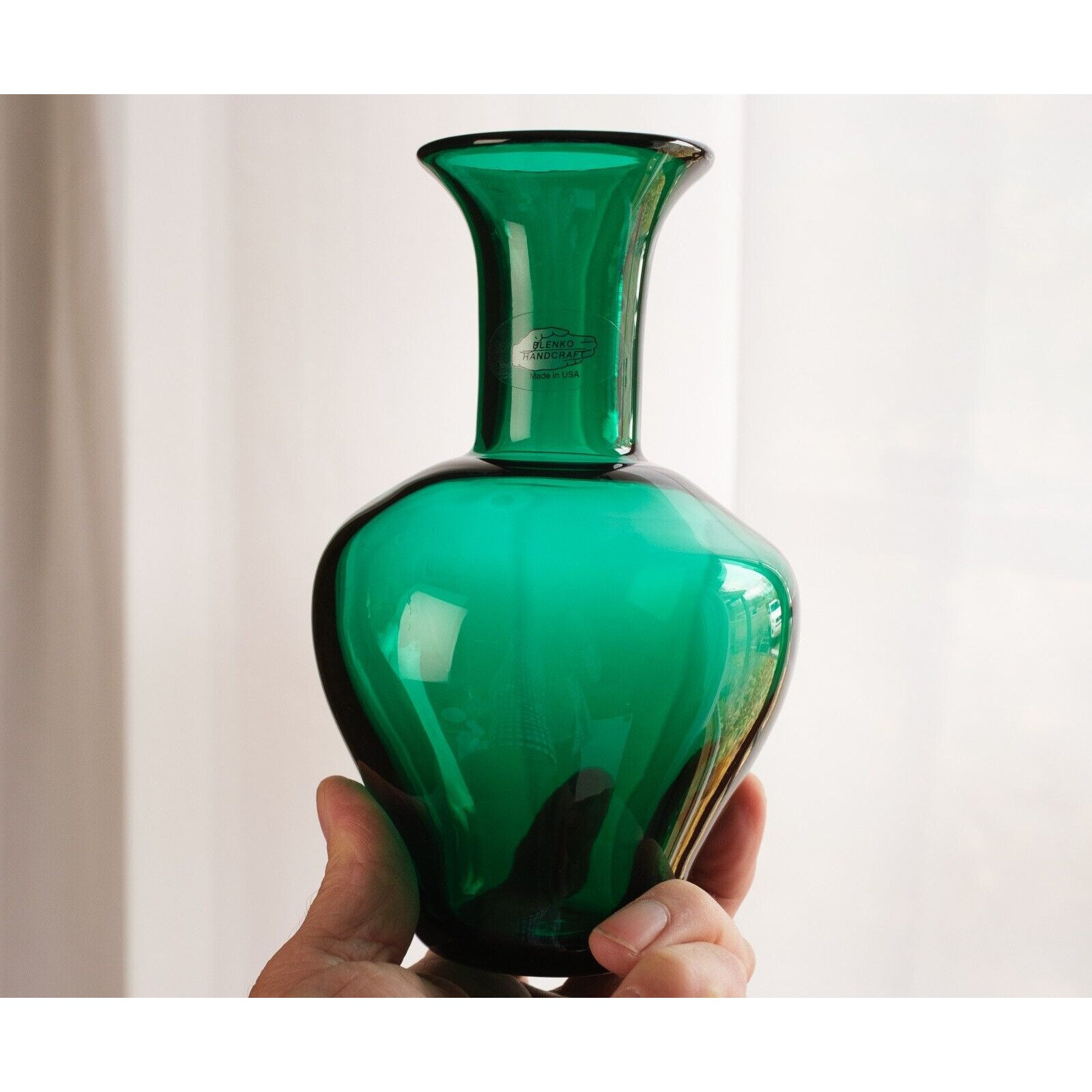 Vintage BLENKO Glass Vase #9604 Emerald Green With Sticker 8