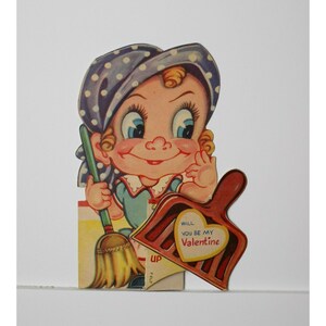 Vintage Valentine Card Maid Cleaning Lady Broom Dustpan Blue Eyes Folded USA