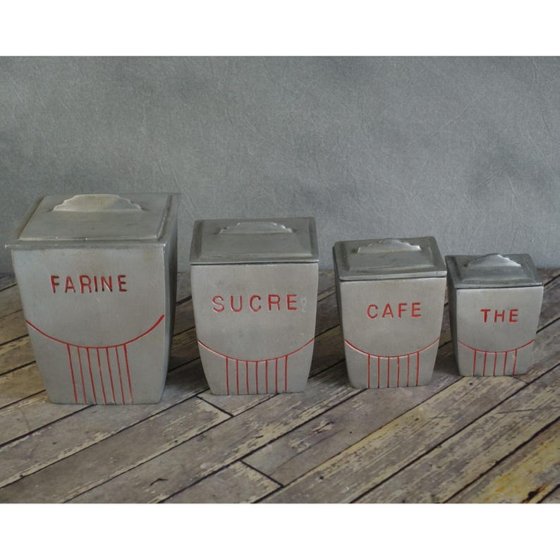 ANTHROPOLOGIE French Cast Aluminum Kitchen Canisters Nesting-Set of 4 Vintage image 1