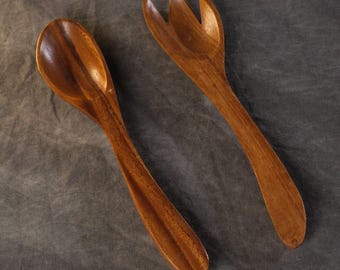Vintage Teak Wood Salad Serving Utensils Spoon and Fork 12" MCM