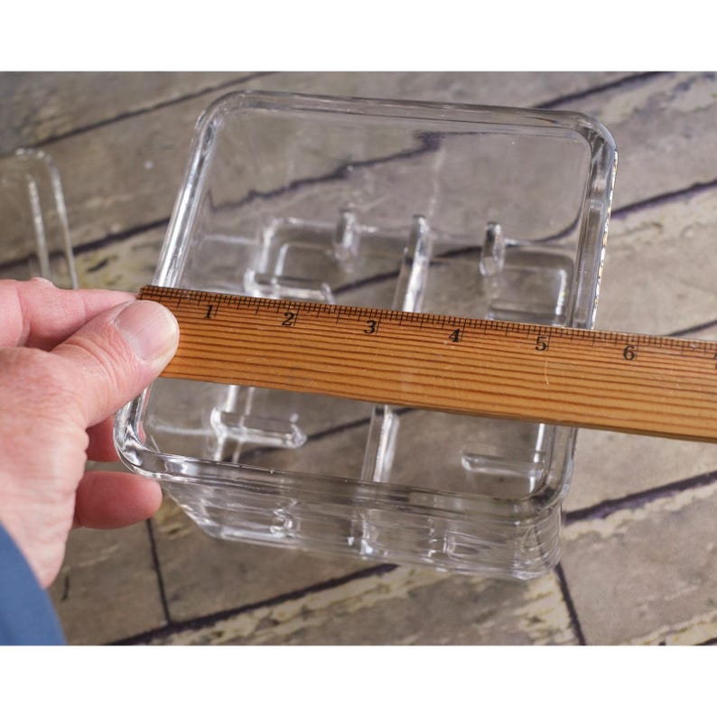 Pu&ograve; includere: Un piatto quadrato di vetro trasparente con interno diviso. Un righello di legno mostra che il piatto &egrave; largo circa 15 cm. Il piatto &egrave; probabilmente per servire o conservare.