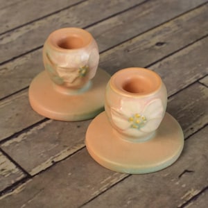 WELLER POTTERY Wild Rose Dogwood Flower Pattern 1930’s 2 Candle Stick Holders