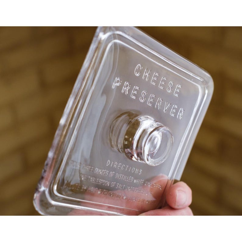 Pu&ograve; includere: Contenitore per formaggio in vetro trasparente con le parole "CHEESE PRESERVER" in rilievo sulla parte superiore. Il contenitore rettangolare ha un pomello arrotondato e rialzato sulla parte anteriore. Le istruzioni sono stampate sotto.