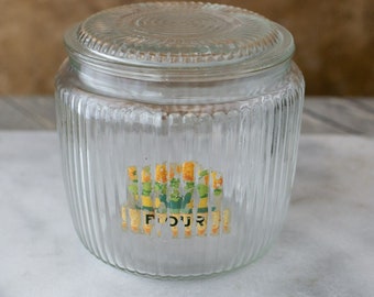 Vintage ANCHOR HOCKING Clear Glass Ribbed Counter Jar with Lid Flour Decal