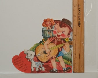 Vintage Valentine STRING Me ALONG Guitar Musician Girl Balcony Folded Diecut USA