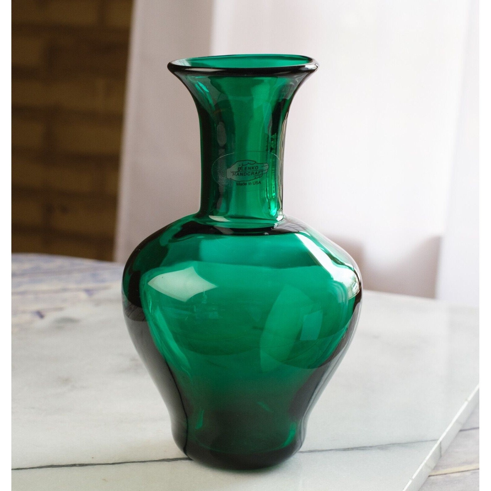 Vintage BLENKO Glass Vase #9604 Emerald Green With Sticker 8
