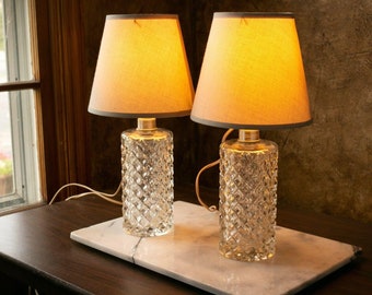 Vintage Lamp Bases Set of 2 Diamond Cut Glass Clear 7.5 inches TESTED WORKS