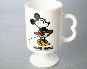 Vintage DISNEY Minnie Mouse Milk Glass Mug Footed Pedestal Coffee Tea Cup B Handle