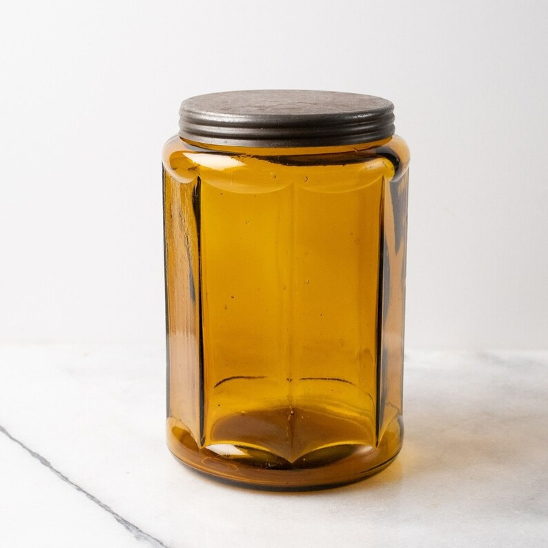 Vintage Honey Amber Glass Tobacco Jar Humidor Paneled With Lid 7 Inches