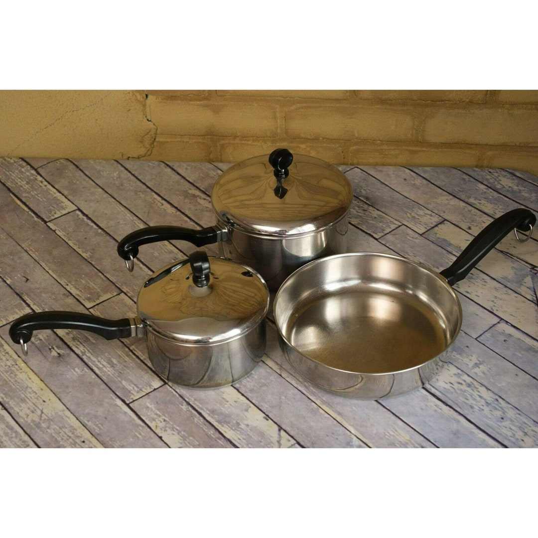 Vintage FARBERWARE Cookware SS Aluminum Clad 1 Qt, 2 Qt, 8 Fry & 2 Lids