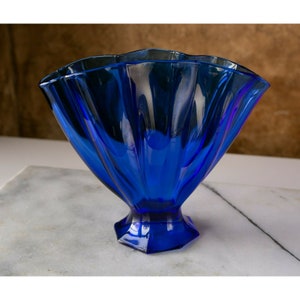 Vintage Cobalt Blue Glass Vase Fan Shape with Octagonal Base 8 inches Fenton?