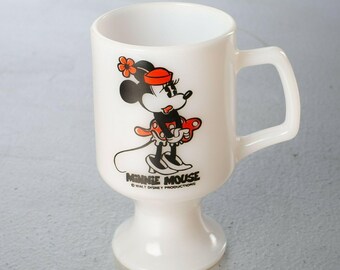 Vintage Minnie Mouse Milk Glass Mug Footed Pedestal Anchor Hocking Fire King USA