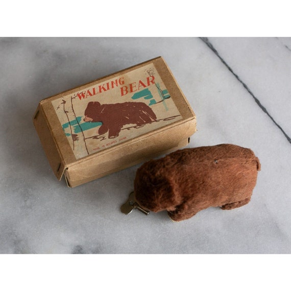 Vintage WALKING BEAR Mechanical Toy Tin and Fur Windup Key