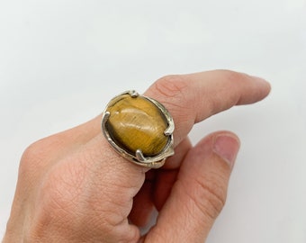 Tiger Eye Sterling Silver Ring Large Stone