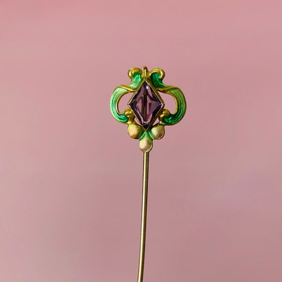 Amethyst Enamel Gold 14k Pin Hatpin post Roaring … - image 2