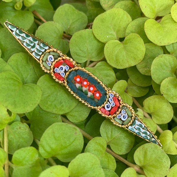 Micro Mosaic Gold Plate 1960’s Murano Italian Italy Glass Long Brooch Pin