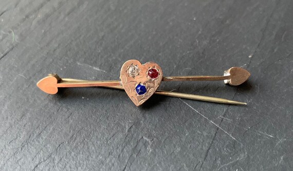 Gold Fill Heart Brooch Pin with Blue and Red Ston… - image 2