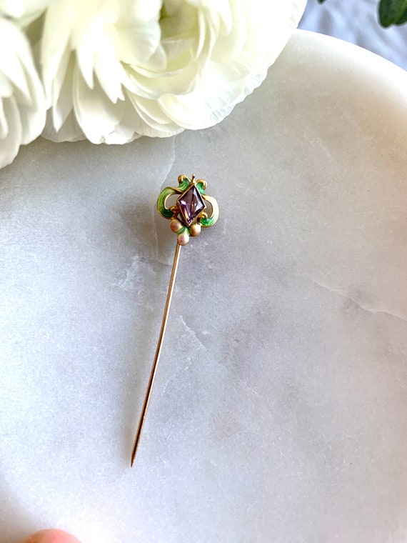 Amethyst Enamel Gold 14k Pin Hatpin post Roaring … - image 8