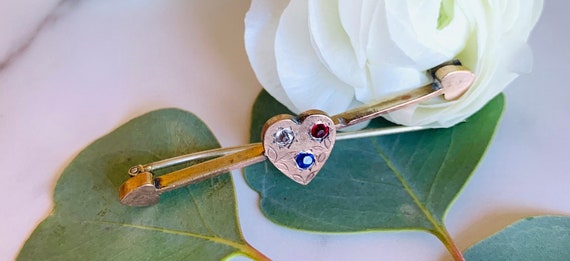 Gold Fill Heart Brooch Pin with Blue and Red Ston… - image 1