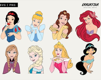 Pacchetto SVG Principessa; Biancaneve, Cenerentola, Belle, Ariel, Anna, Elsa, Aurora, Jasmine