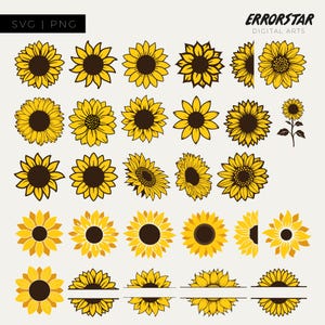 May include: A collection of yellow sunflower illustrations in various styles, including full blooms, side views, and split designs. The sunflowers have dark brown centers and are set against a light background. The top left corner has the text "SVG | PNG" and the top right corner has the text "ERRORSTAR DIGITAL ARTS".