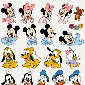 以下が含まれることがあります： ミッキーマウス、ミニーマウス、プルート、グーフィー、ドナルドダックなど、さまざまな漫画のキャラクターが登場するデジタルアート。キャラクターは赤ちゃんのポーズと衣装で描かれており、テディベアとアルファベットブロックも含まれています。