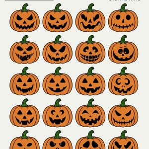 Puede incluir: Una colección digital de veinte calabazas de Halloween naranjas con tallos verdes, cada una con una expresión facial negra tallada única. La imagen incluye el texto SVG | PNG y ERRORSTAR DIGITAL ARTS en las esquinas superiores.