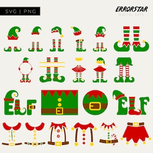 May include: A collection of Christmas elf-themed digital art elements in green, red, and yellow. Includes elf hats, shoes, belts, and clothing pieces. The word "ELF" is spelled out with an elf hat and shoes. The text "ERRORSTAR DIGITAL ARTS" is at the top.