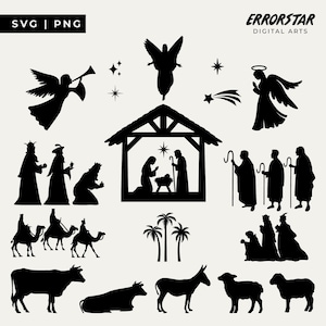 May include: Black and white digital art of a Nativity scene with angels, the Three Wise Men, and various animals. The image includes the text "SVG | PNG" and "ERRORSTAR DIGITAL ARTS".